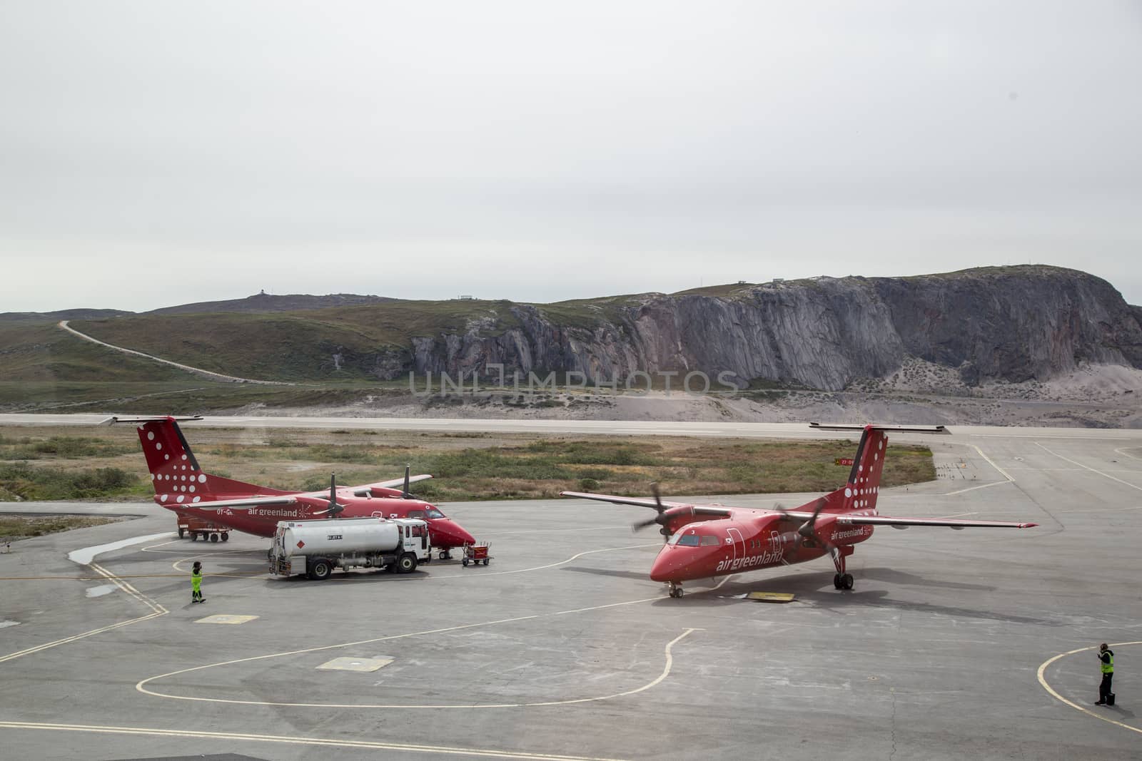 Kangerlussuaq, Greenland - June 30, 2018: Two Bombardier Dash 8 Q200 aircrafts operated by Air Greenland at the international airport