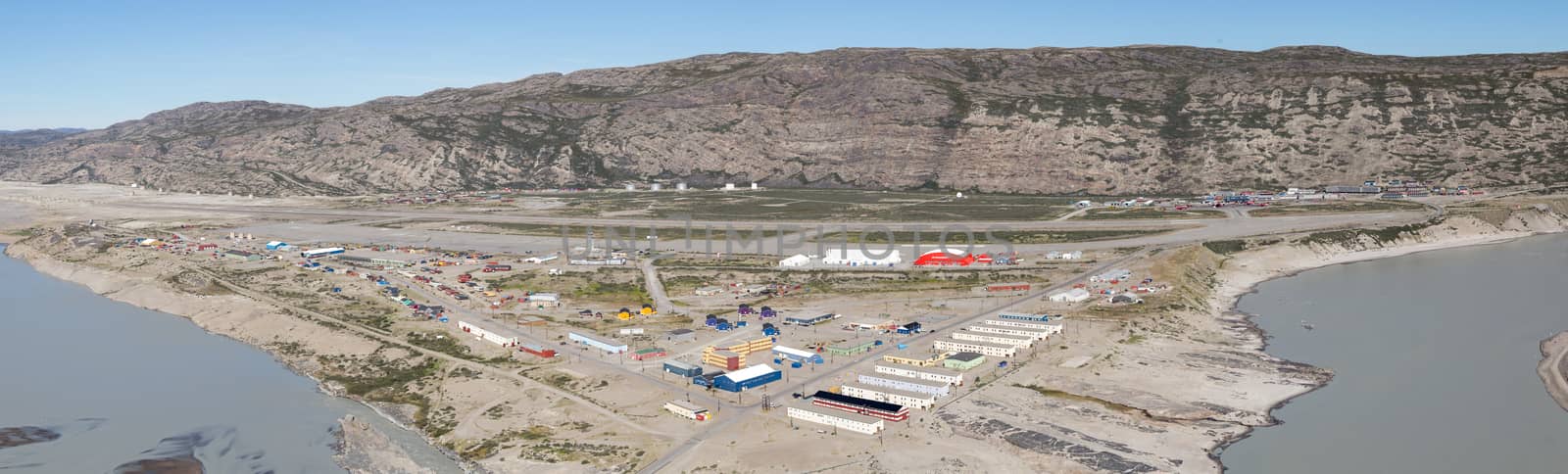 Kangerlussuaq, Greenland - July 13, 2018: Panoramic view of the village with the international airport, which is Greenland's main air transport hub.