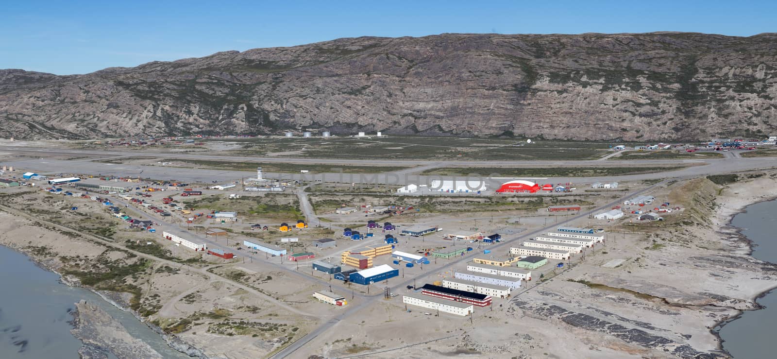 Kangerlussuaq, Greenland - July 13, 2018: Panoramic view of the village with the international airport, which is Greenland's main air transport hub.