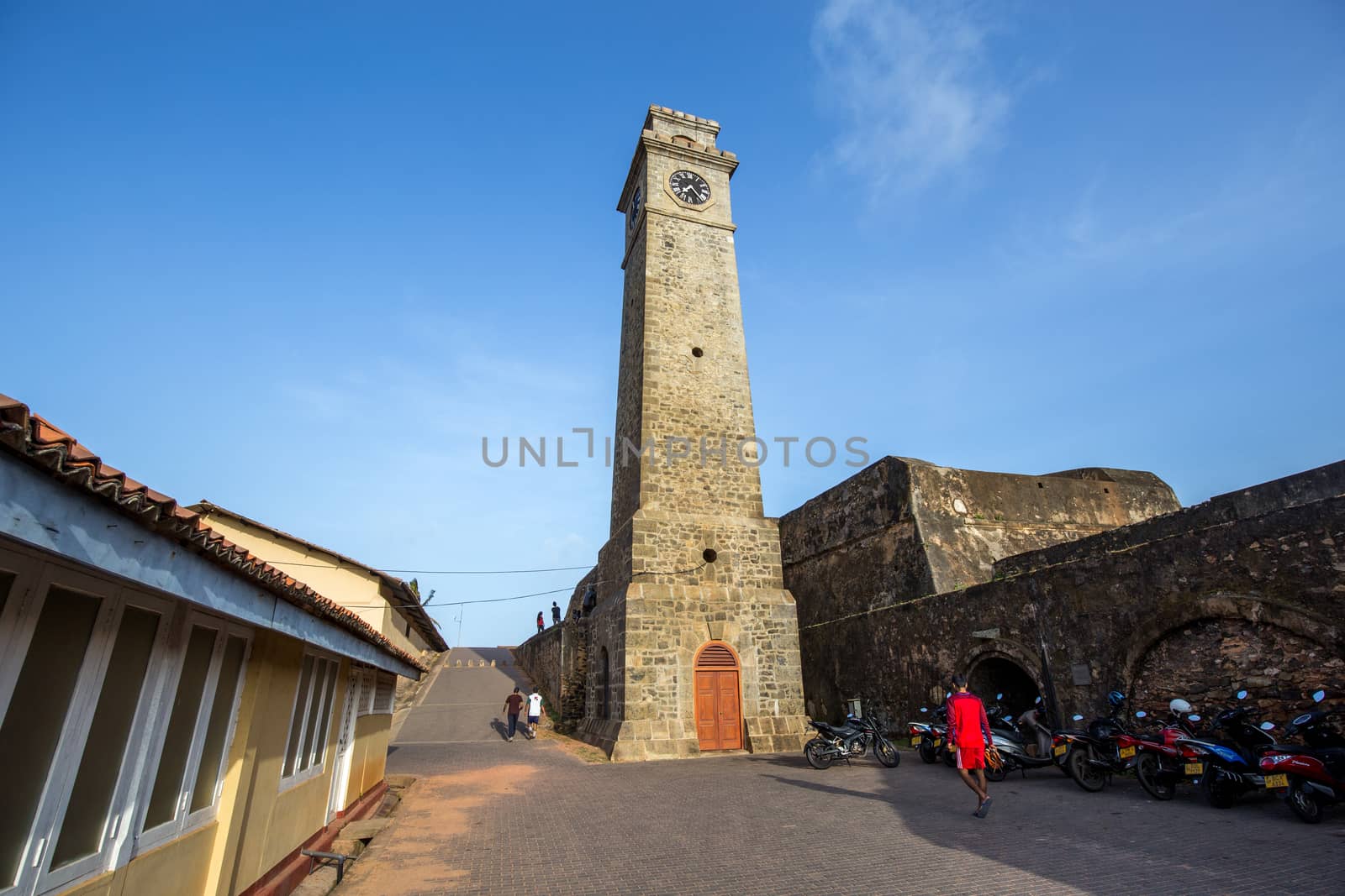 Galle Fort, Sri Lanka - July 29, 2018: The Clock Tower, a popular landmark inside the historical Dutch Fort