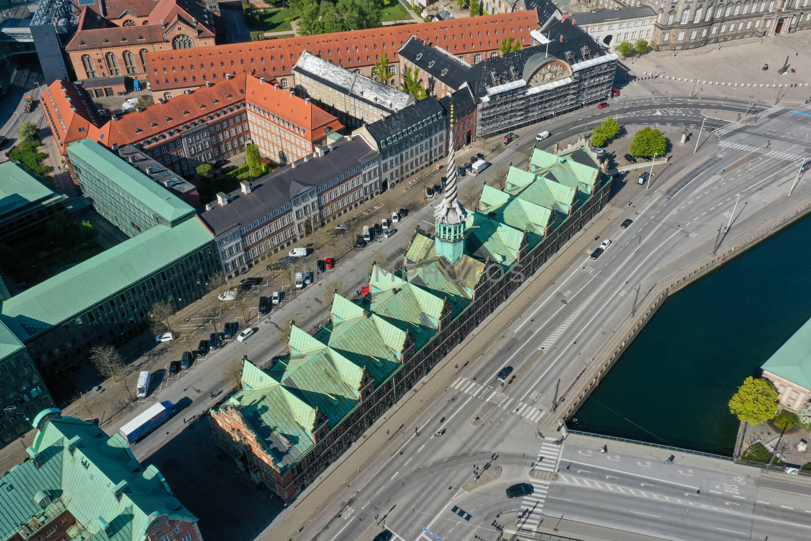 Copenhagen, Denmark - May 7, 2020: Aerial drone view of the old stock exchange building called Borsen