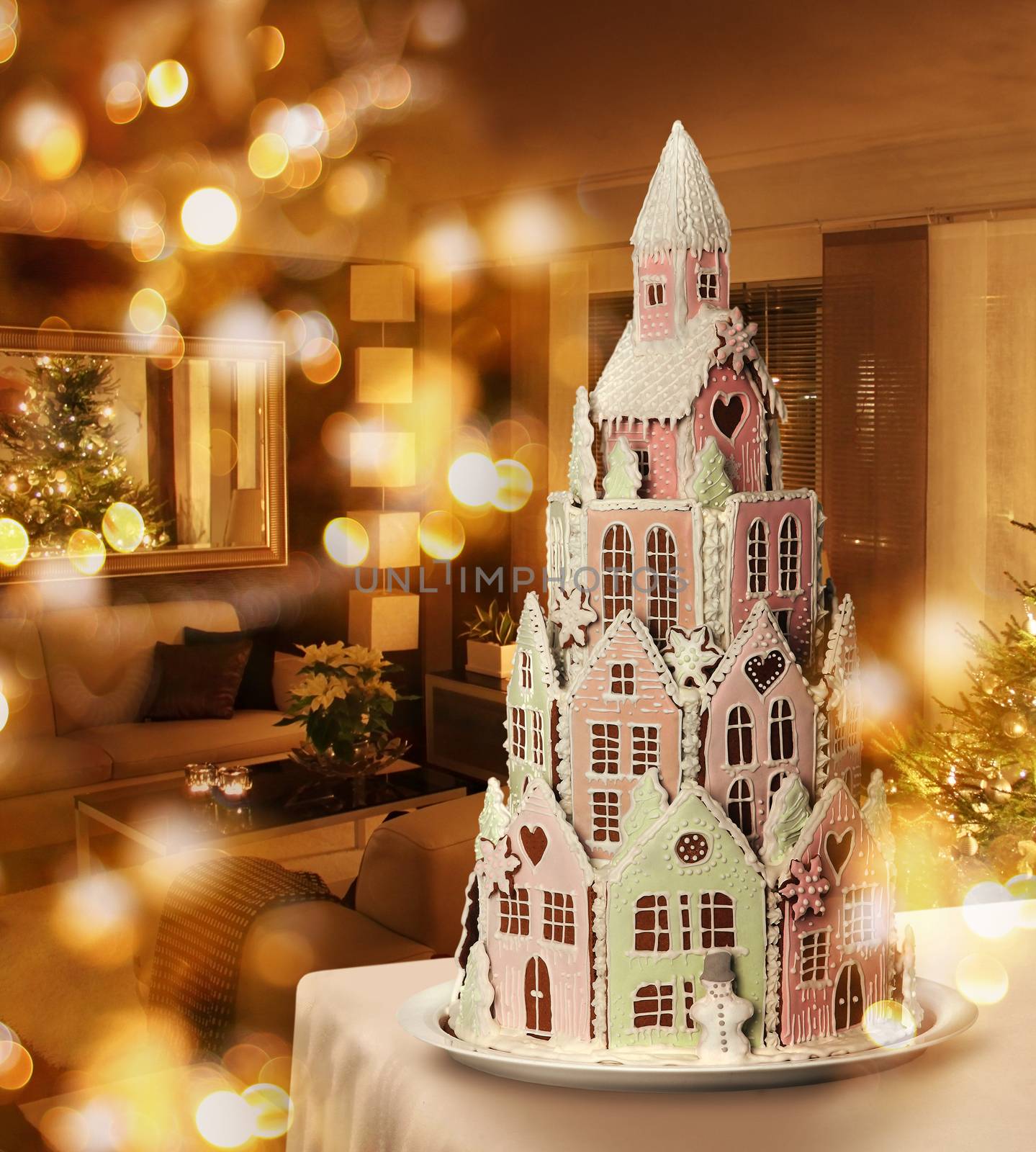 Gingerbread cookies castle decoration in Christmas tree room by anterovium