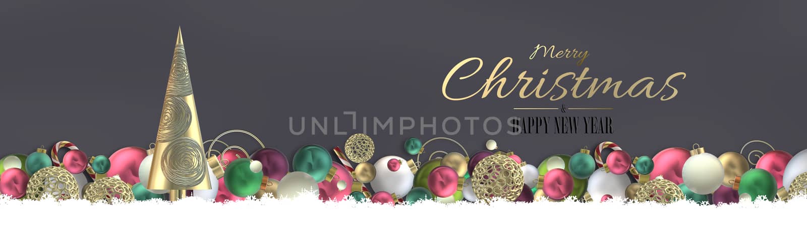 Horizontal Xmas background banner on dark grey with Christmas symbol 3D realistic shiny red green gold balls on grey brown background. Text Merry Christmas Happy New Year. Holiday design in 3D render