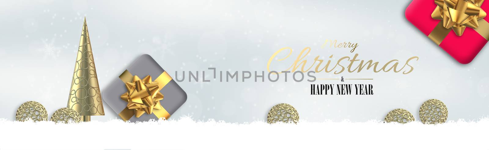 Elegant Christmas banner design with snowflakes, snow, red pink grey 3D gift boxes on pastel grey white background. 3D render. Text Merry Christmas Happy New Year. Beautiful abstract Xmas invitation