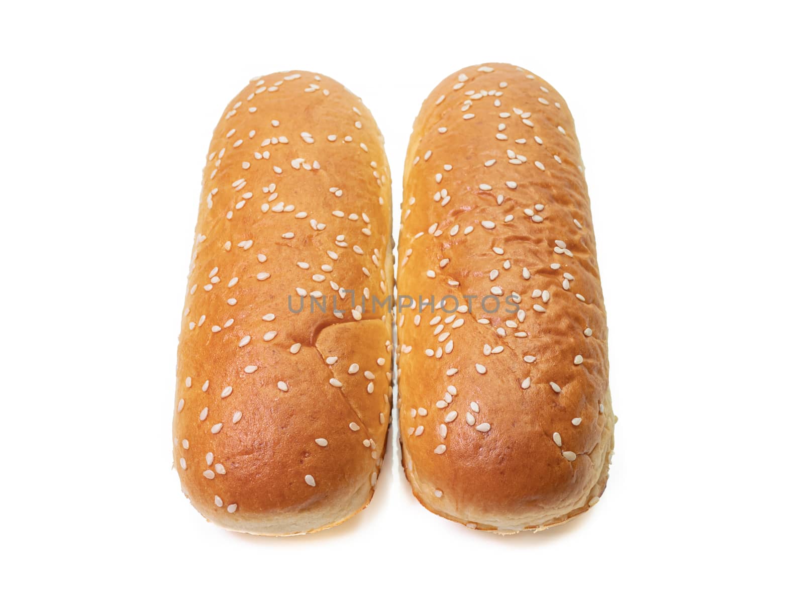 The close up of gourmet hot dog bun fast-food isolated on white background for American breakfast and lunch.