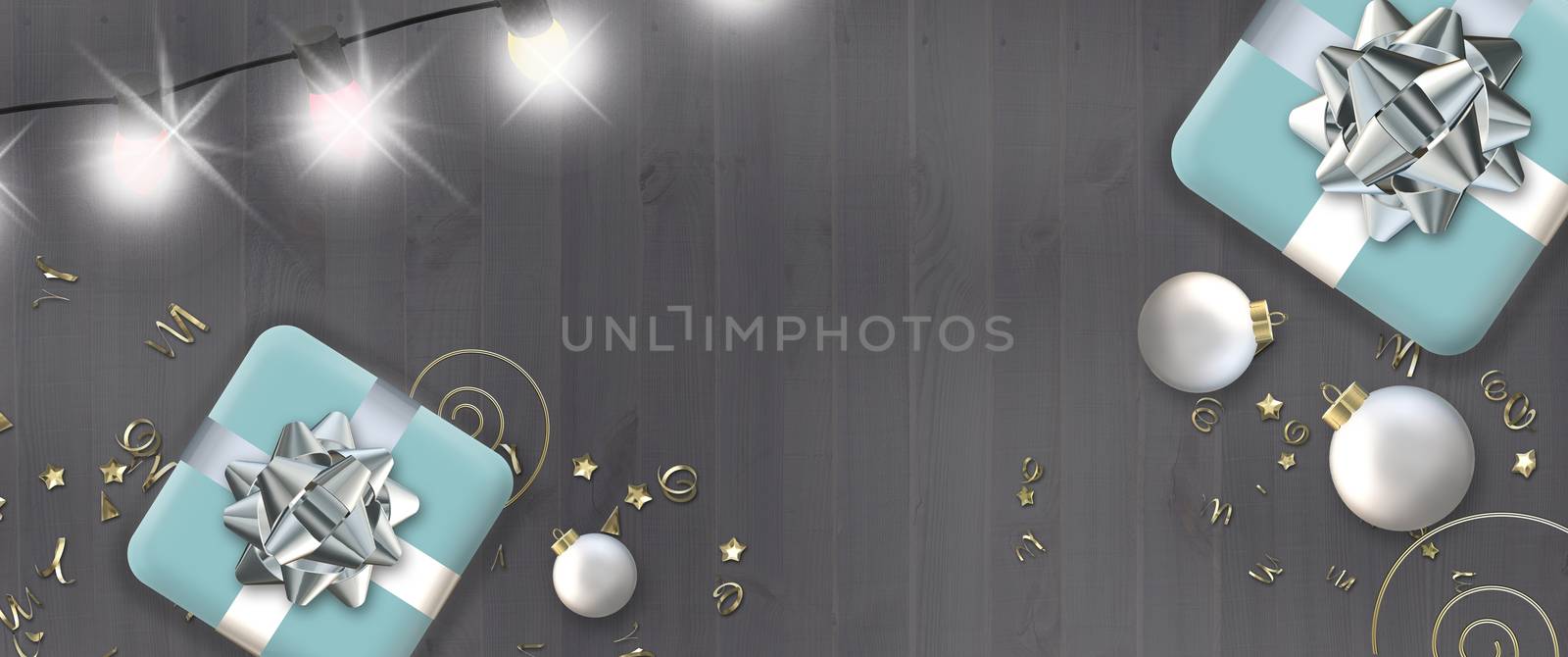 Christmas holiday ornament of dark wooden background with snow. Blue Xmas gift boxes, Xmas balls, lights over dark wood. Flat lay, top view. Text Merry Christmas Happy New Year. 3D render