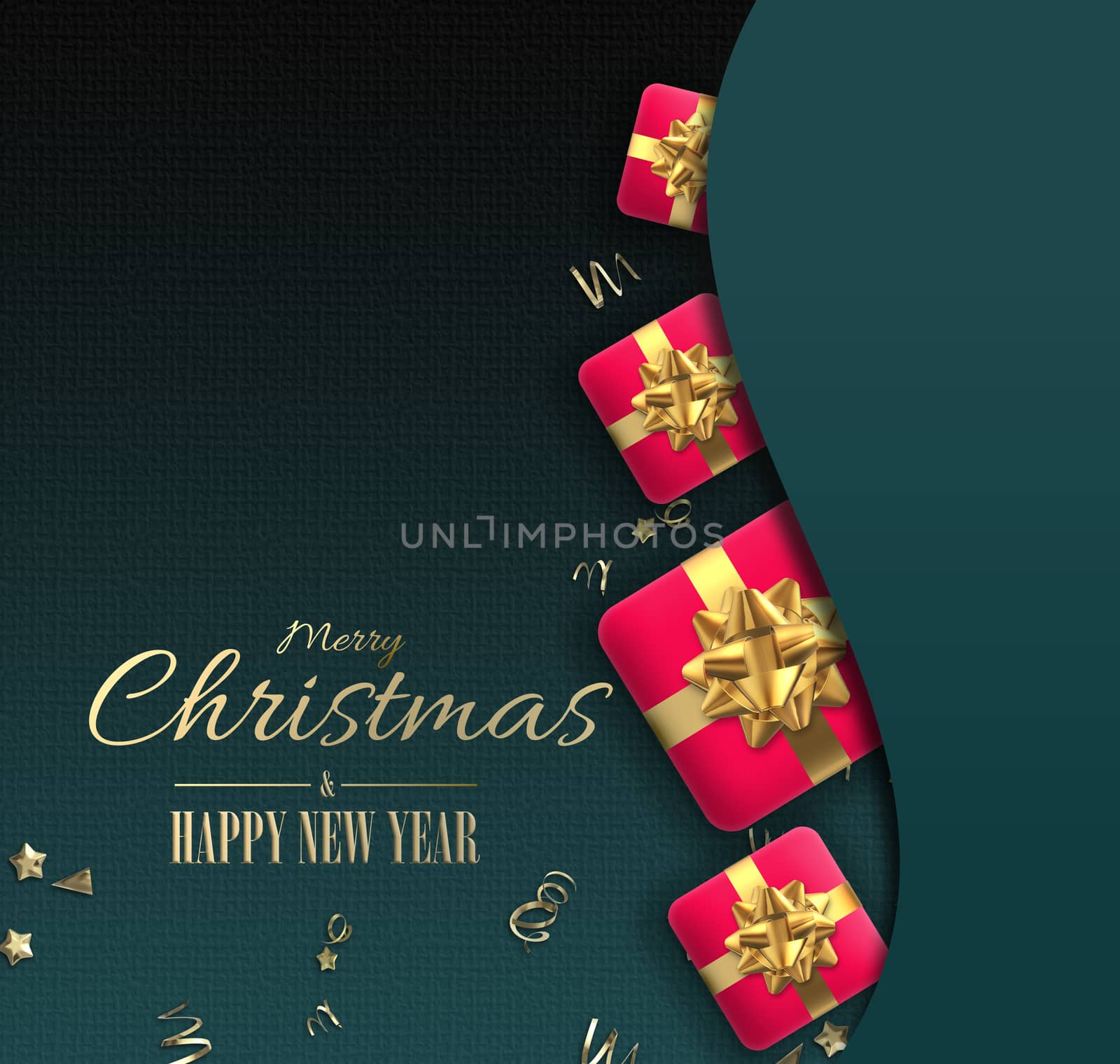 Red pink beautiful realistic Xmas gift boxes on curve red black background. Luxury holiday design for invitation, header. 3D render. Golden text Merry Christmas Happy New Year