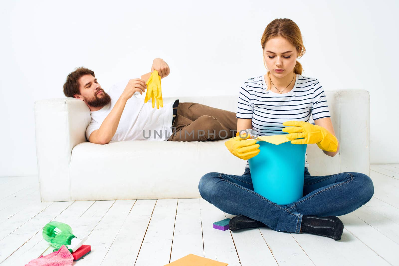 married couple housework service cleaning lifestyle joint work. High quality photo