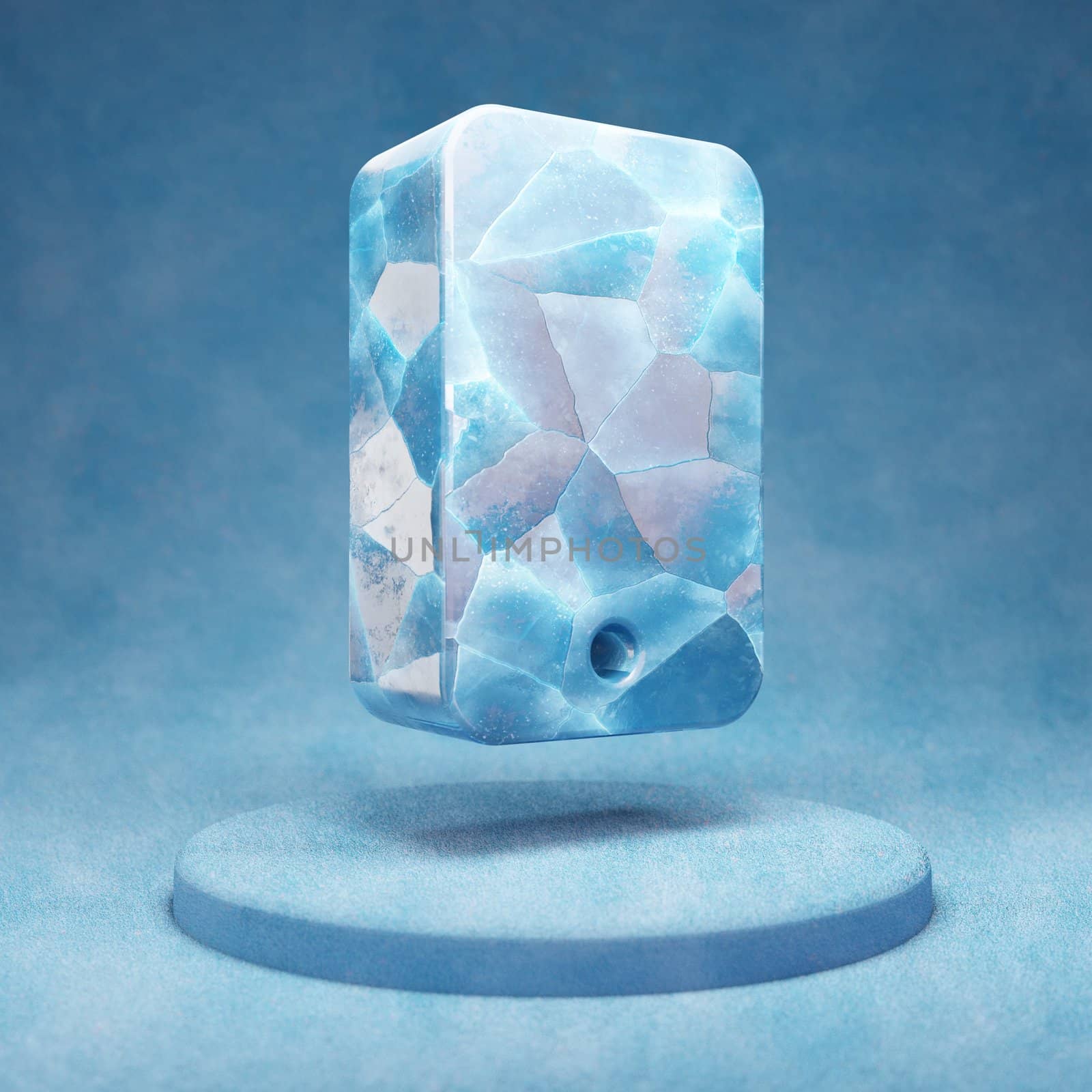 Mobile icon. Cracked blue Ice Mobile symbol on blue snow podium. Social Media Icon for website, presentation, design template element. 3D render.