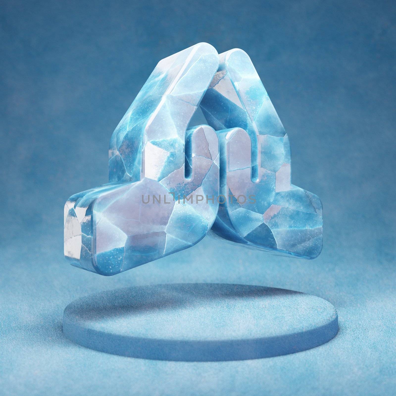 Praying Hands icon. Cracked blue Ice Praying Hands symbol on blue snow podium. Social Media Icon for website, presentation, design template element. 3D render.