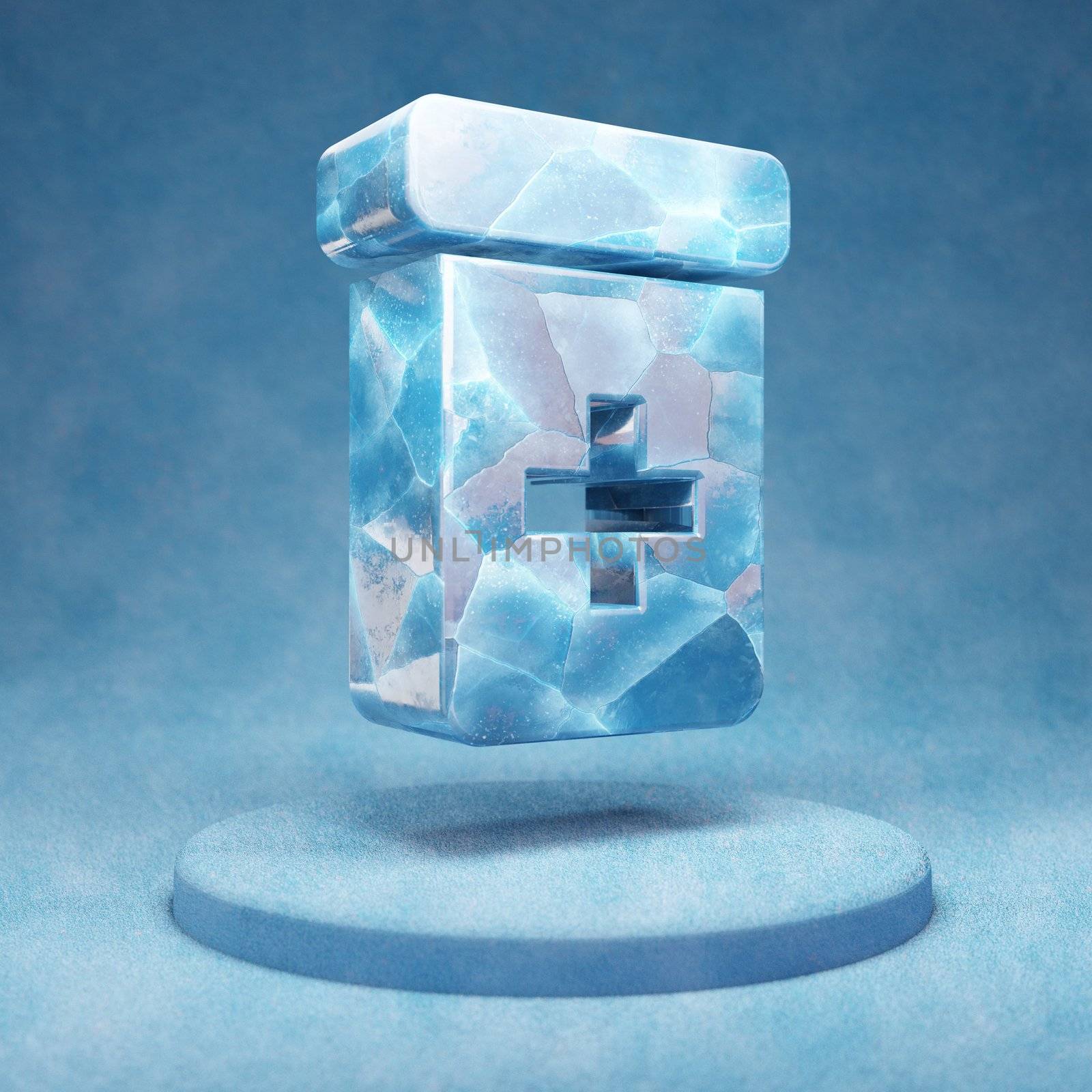 Prescription Bottle icon. Cracked blue Ice Prescription Bottle symbol on blue snow podium. Social Media Icon for website, presentation, design template element. 3D render.