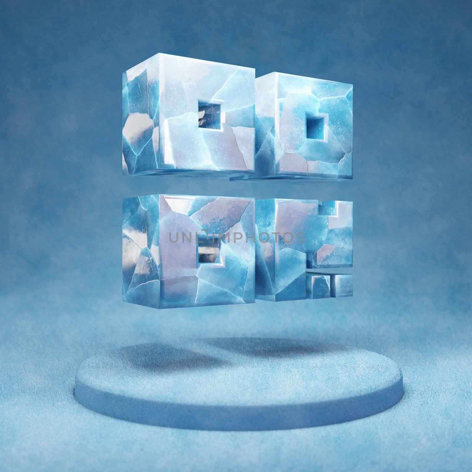 QR Code icon. Cracked blue Ice QR Code symbol on blue snow podium. Social Media Icon for website, presentation, design template element. 3D render.