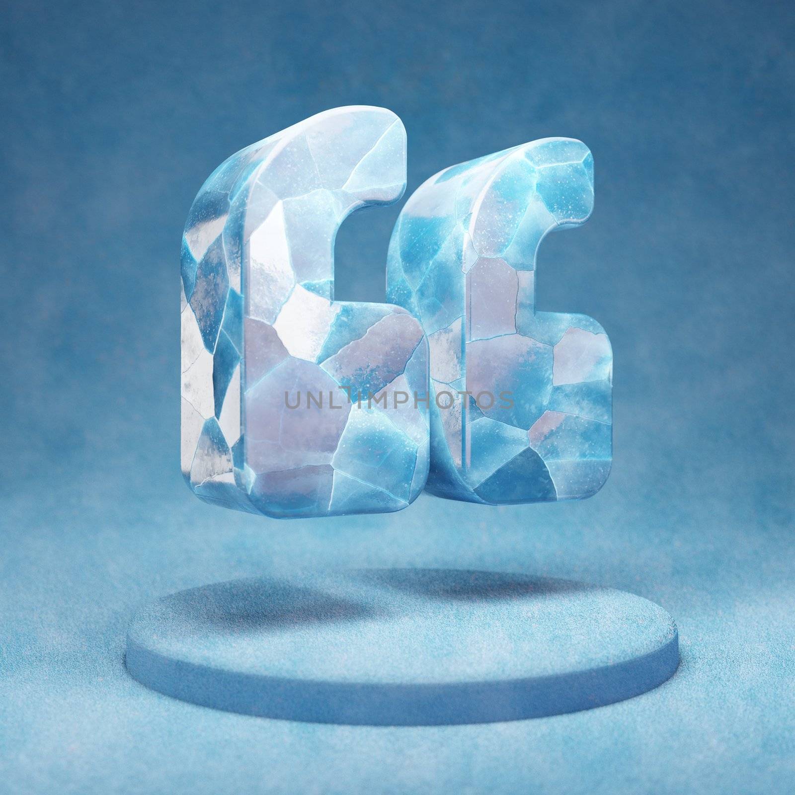 Quote Left icon. Cracked blue Ice Quote Left symbol on blue snow podium. Social Media Icon for website, presentation, design template element. 3D render.