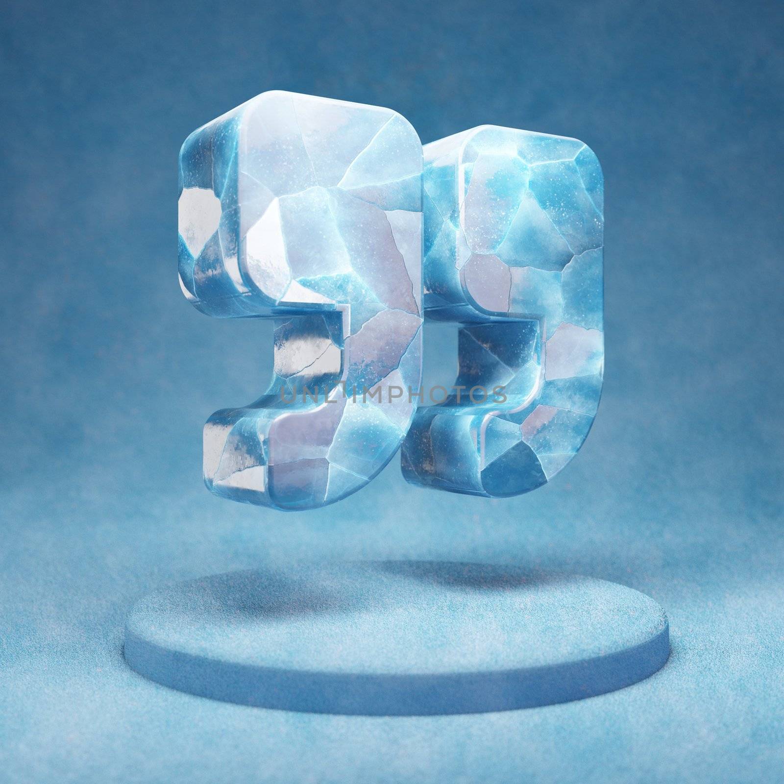 Quote Right icon. Cracked blue Ice Quote Right symbol on blue snow podium. Social Media Icon for website, presentation, design template element. 3D render.