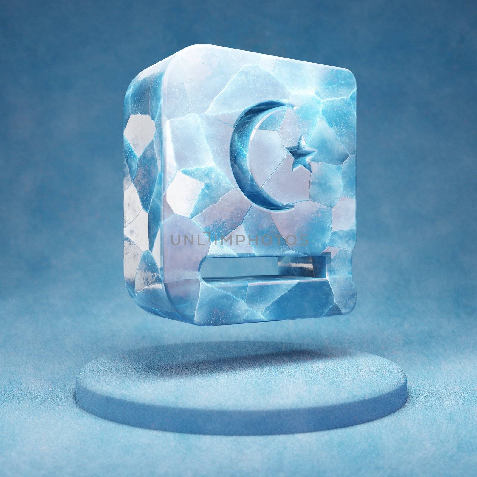 Quran icon. Cracked blue Ice Quran symbol on blue snow podium. Social Media Icon for website, presentation, design template element. 3D render.