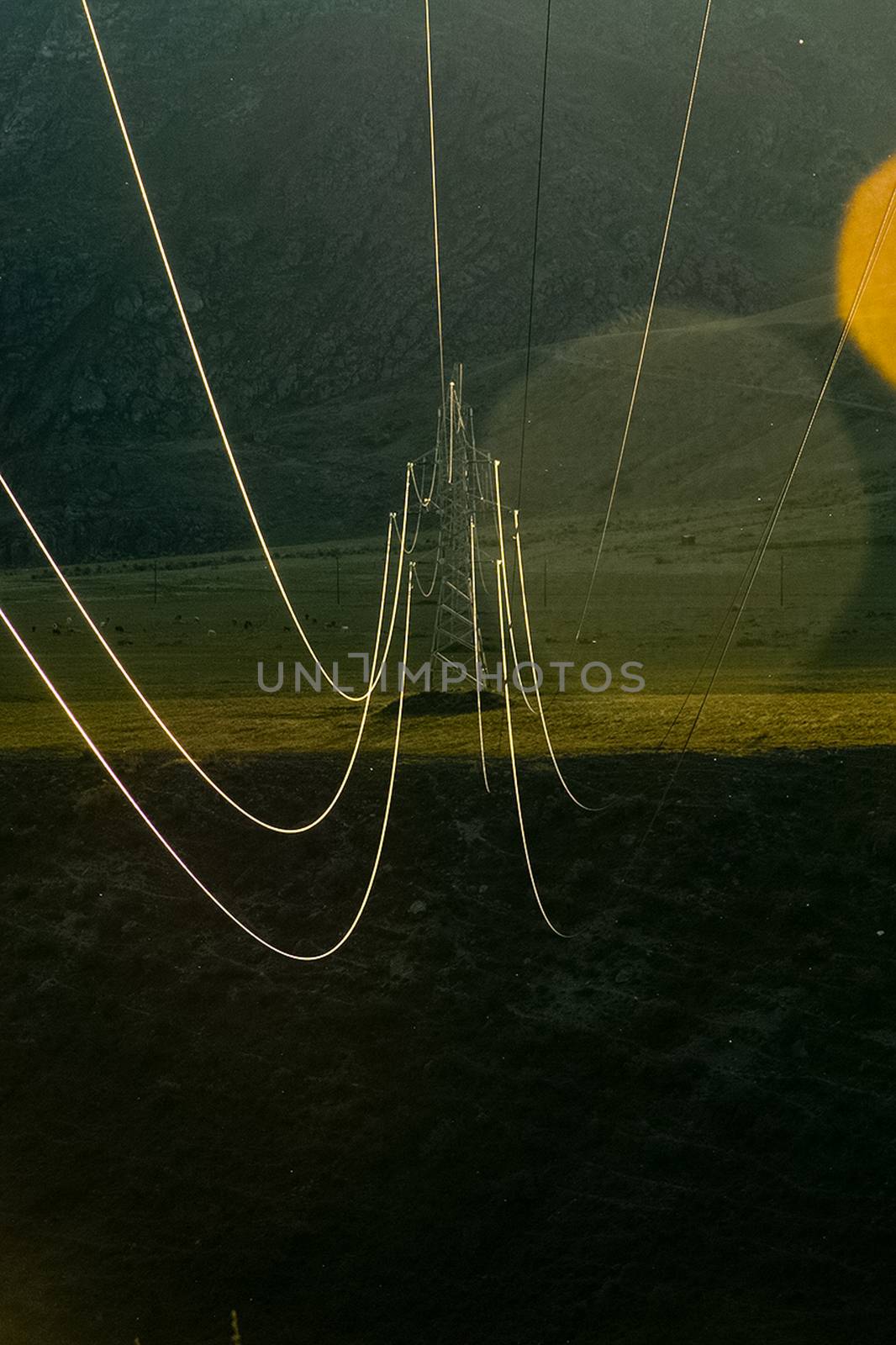 High-voltage power line wires, view from another support line tower.