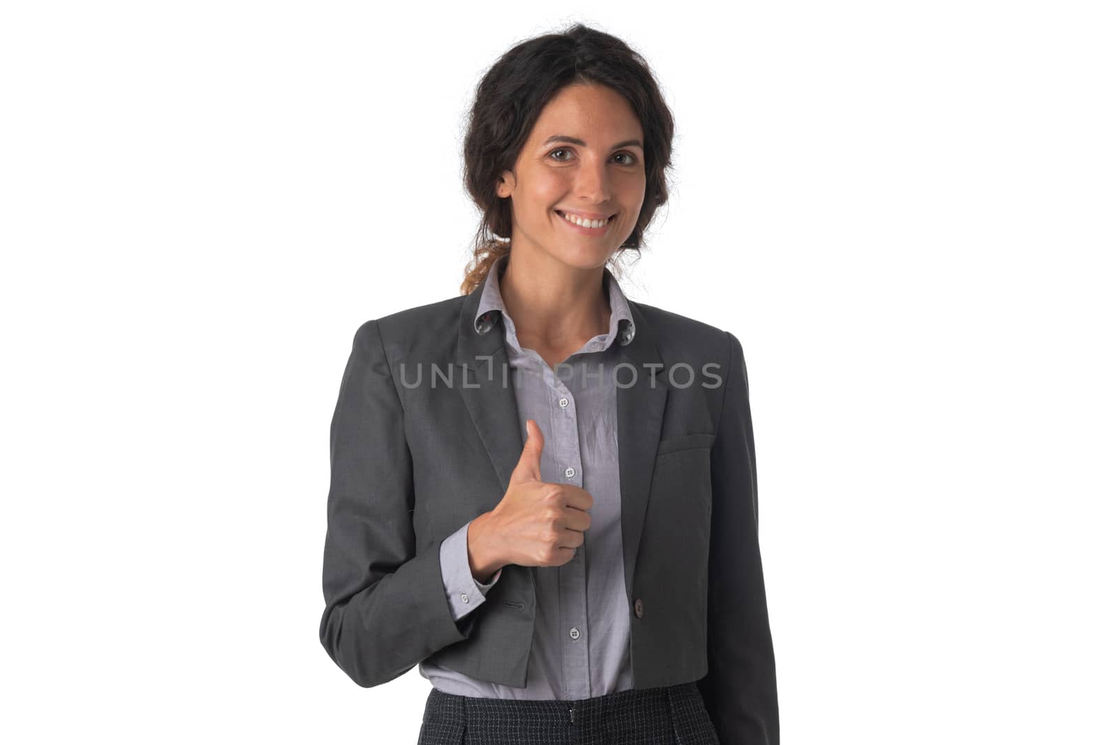 Portrait of young business woman with thumb up studio isolated on white background