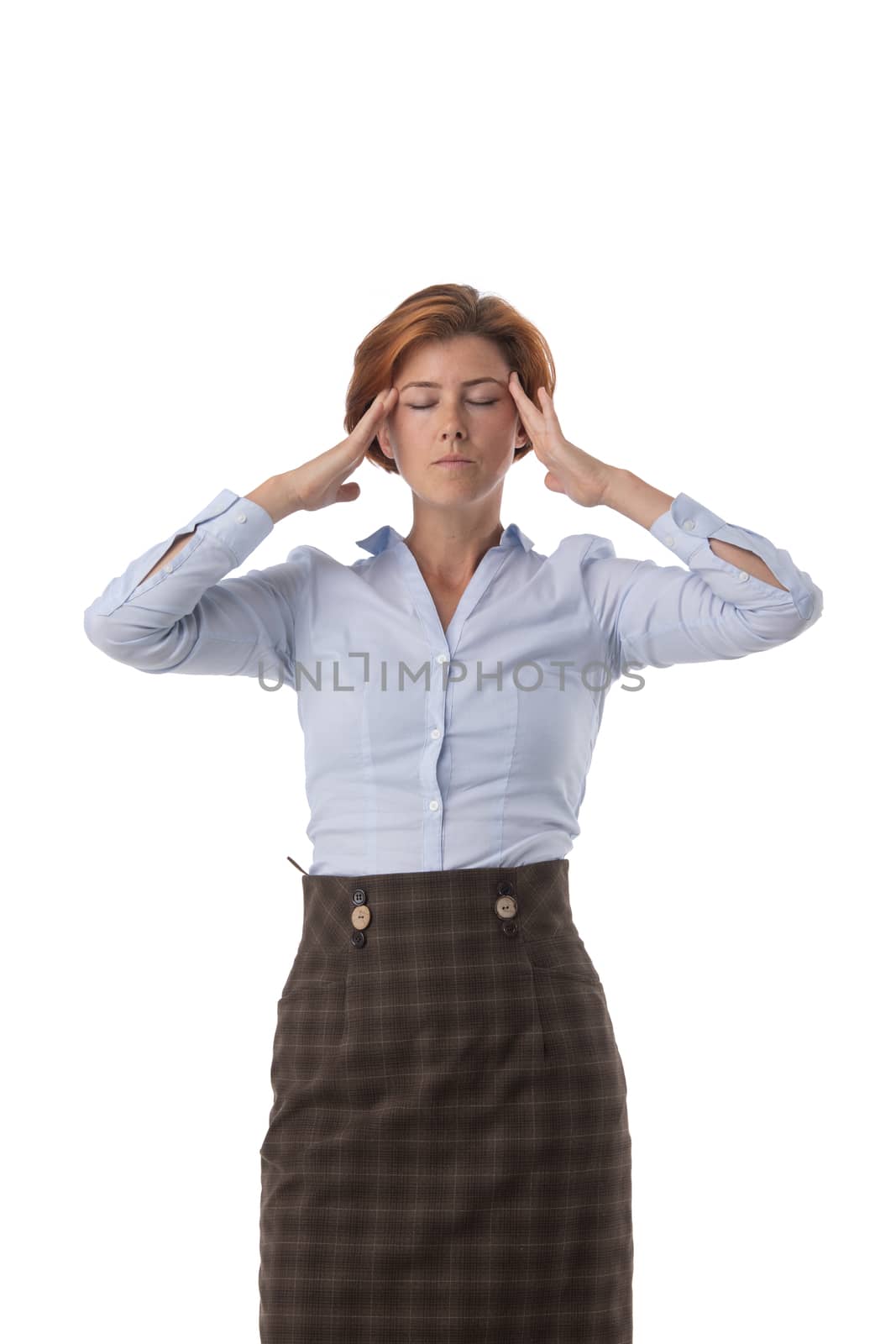 Portrait of young business woman with headache studio isolated on white background, business people