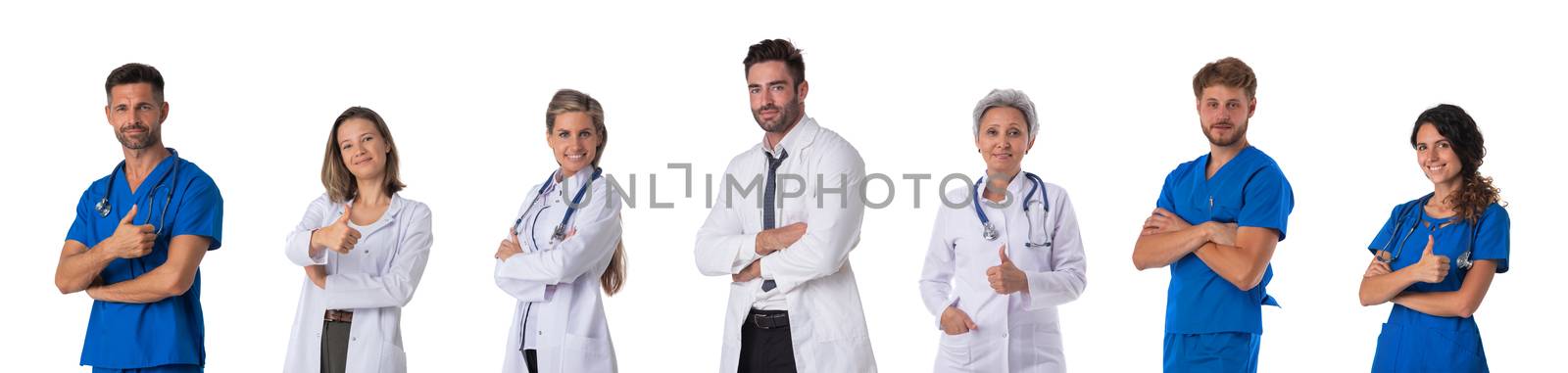 Collection of portraits of medical doctors. Design element, studio isolated on white background