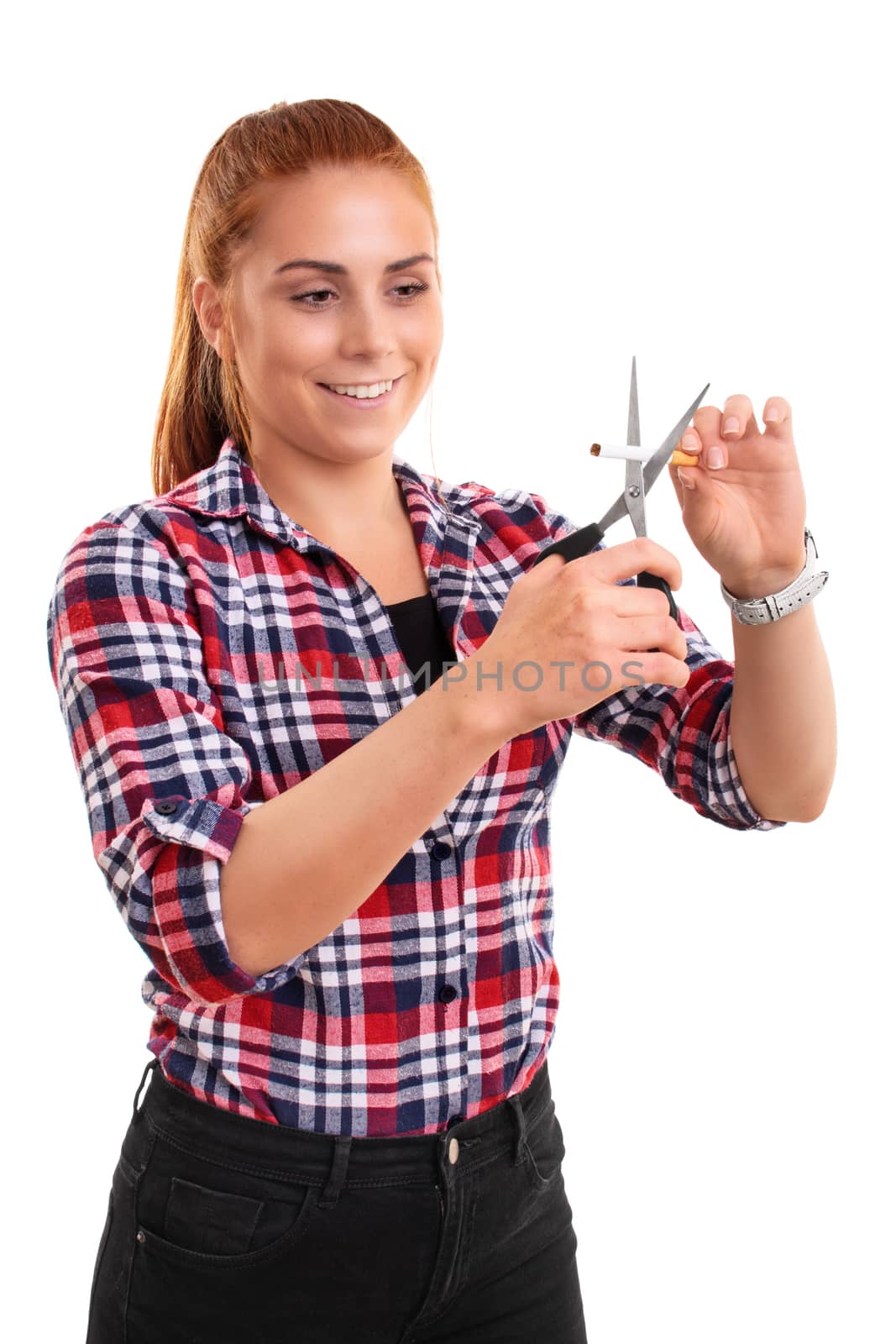 Redhead woman smiling and cutting a cigarette with scissors by Mendelex