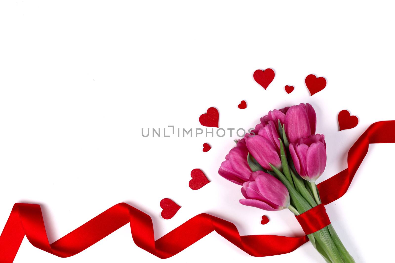 Valentines day hearts and pink tulip flowers isolated on white background