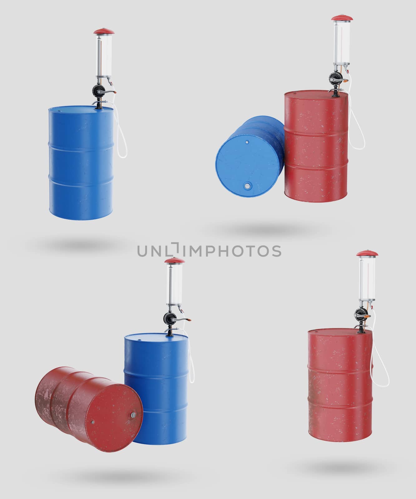 Vintage and old gasoline station. Used to supply fuel or petrol to cars and other vehicles. It is a manual system using a hand crank to pump oil up on tube. Isolate on gray background. 3D rendering.