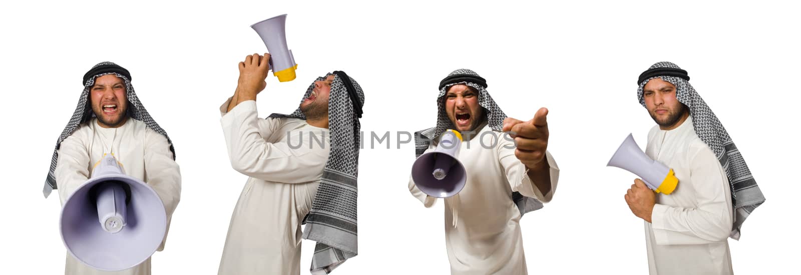 Arab man with loudspeaker isolated on white