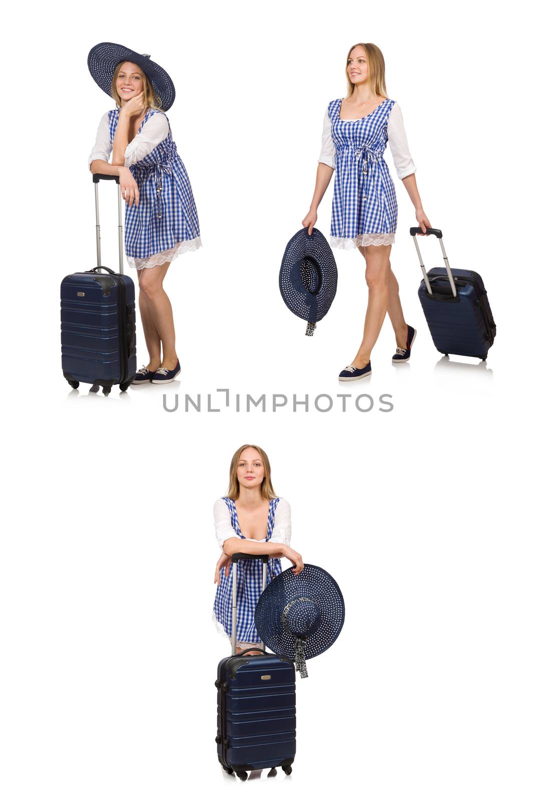 Woman ready for summer travel isolated on white by Elnur