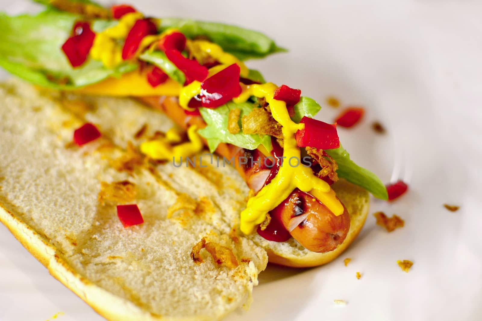 Closeup of unfinished hot dog with many other ingredients, mustard, ketchup, salad, fried onion, red pepper.