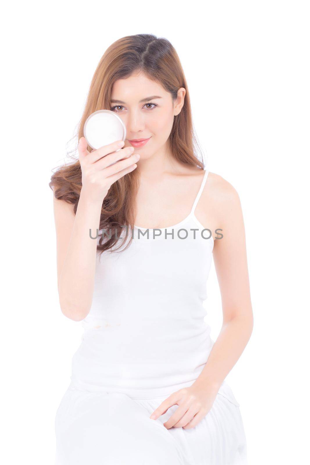 Portrait of beautiful asian woman applying powder puff at cheek makeup of cosmetic, beauty of girl with face smile isolated on white background, wellness and healthcare concept.