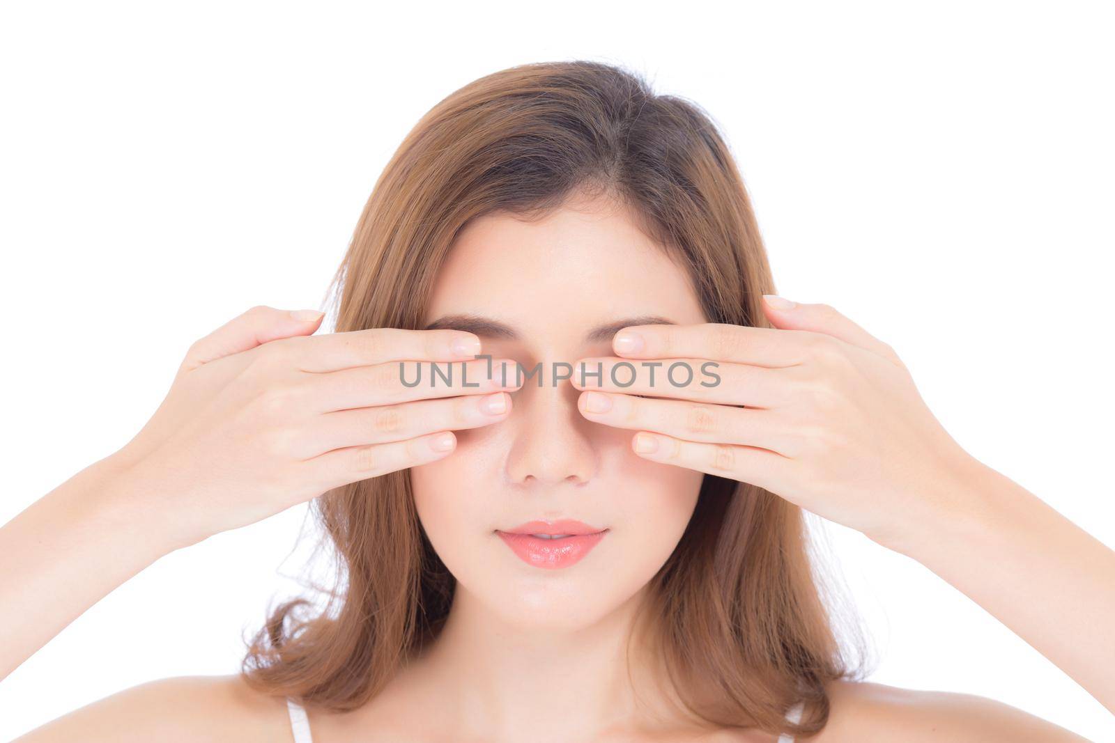 Portrait of beautiful woman makeup of cosmetic, girl hand close eye and smile attractive, face of beauty perfect with wellness isolated on white background with skin healthcare concept.