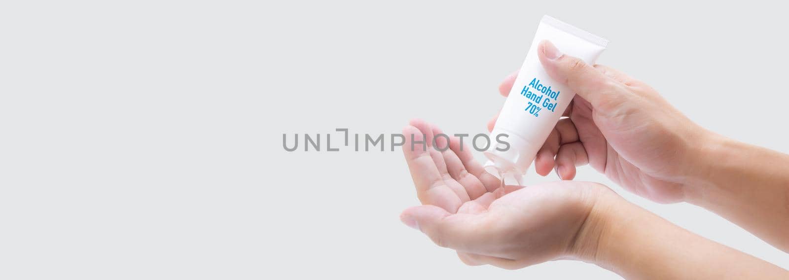 Hand of man using alcohol hand gel rub and clean hand for hygiene prevention covid-19 or coronavirus isolated on white background, protective outbreak covid 19, disinfectant, banner website.