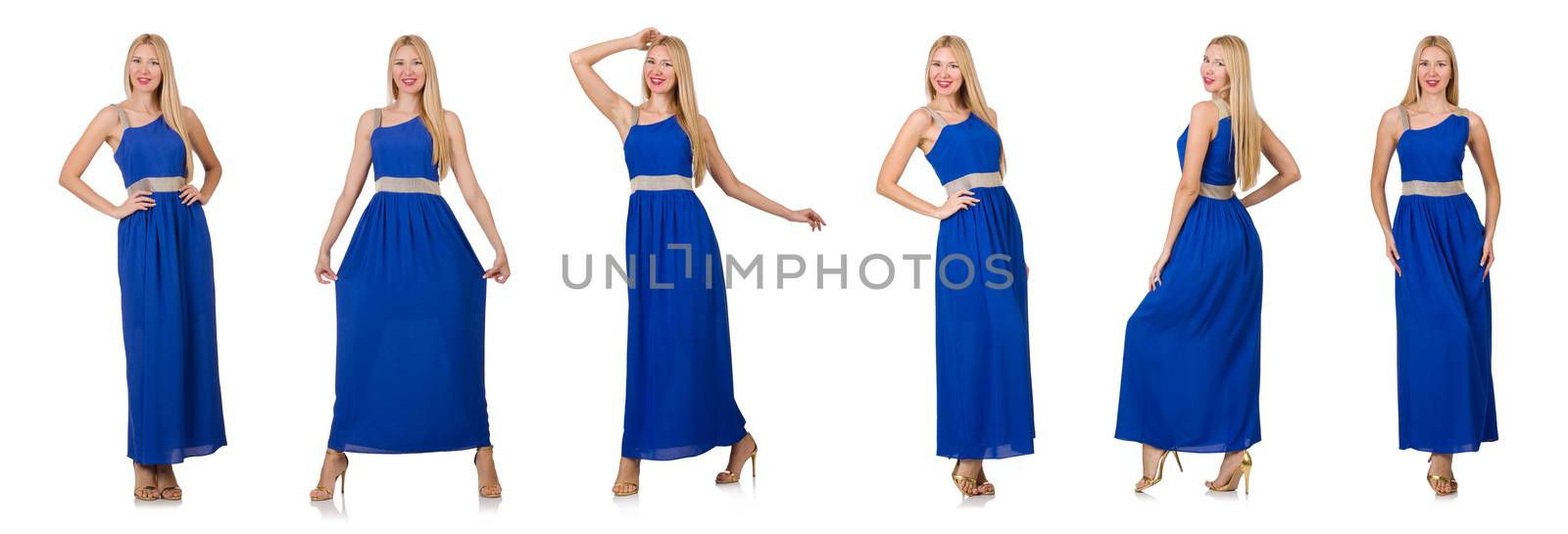 Beautiful woman in long blue dress isolated on white by Elnur