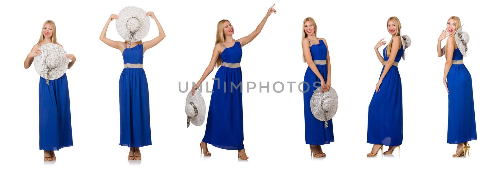 Beautiful woman in long blue dress isolated on white