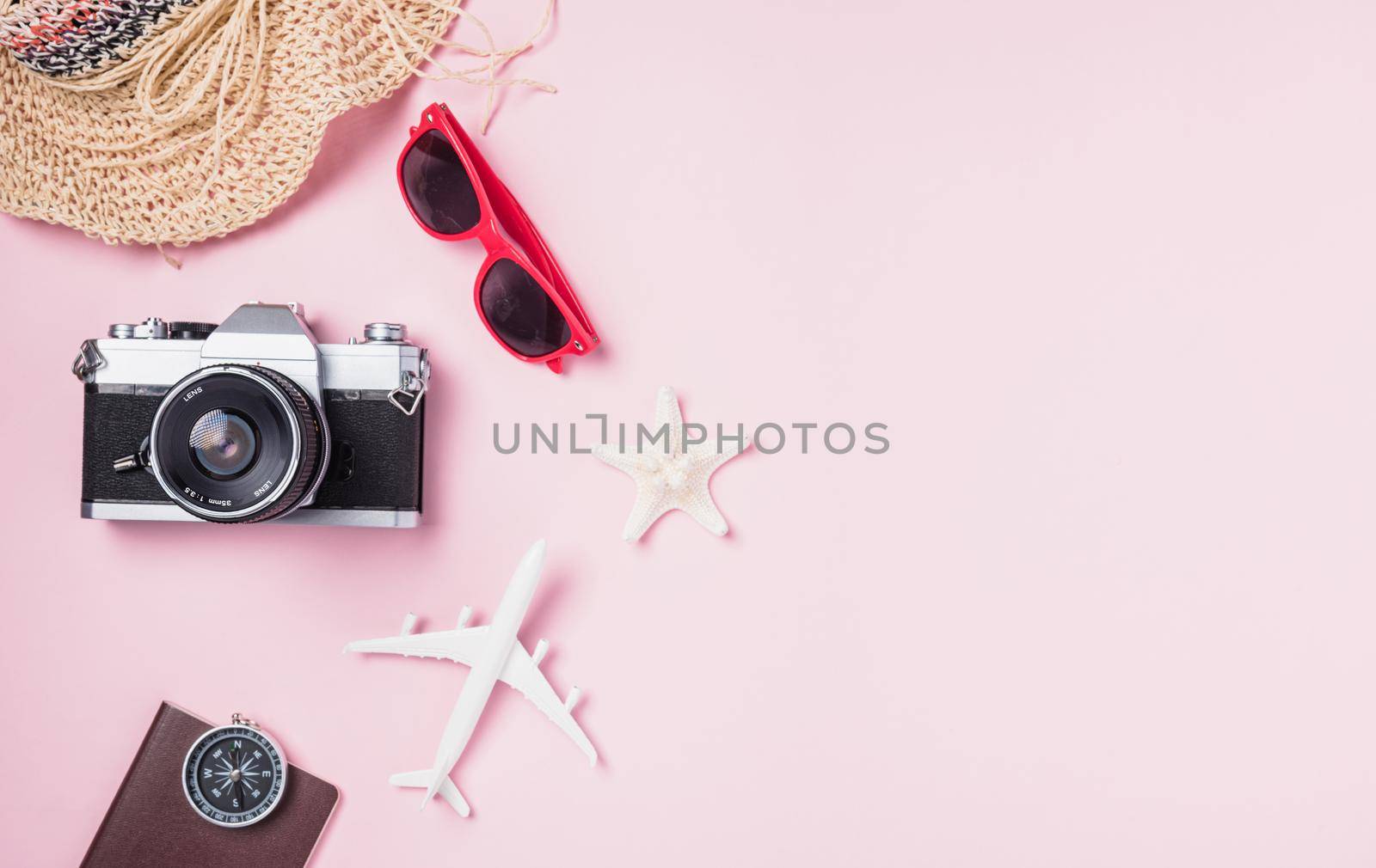 camera films, airplane, hat, sunglasses, starfish beach traveler accessories