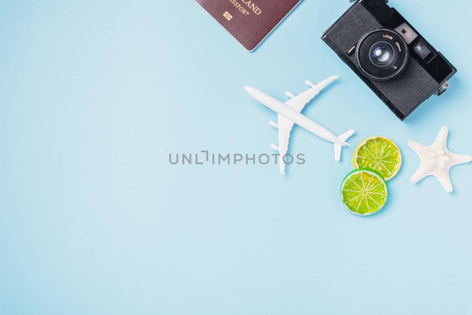 camera films, airplane, passport, starfish, shells traveler tropical accessories
