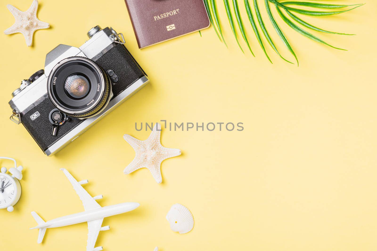 camera films, airplane, passport, starfish traveler tropical beach accessories