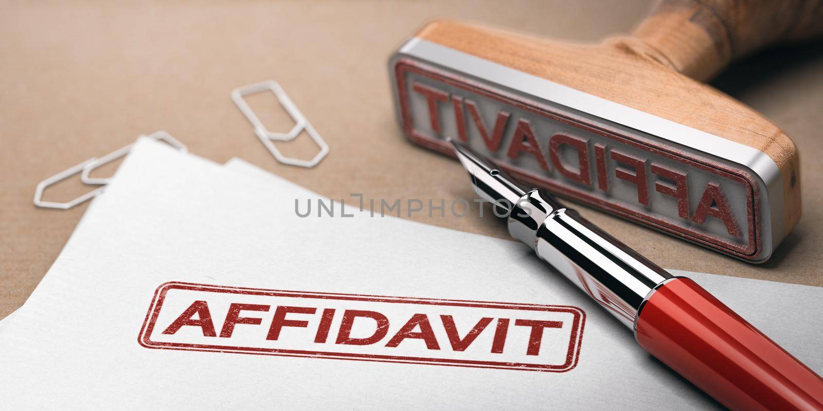 3D illustration of a rubber stamp and a fountain pen over a sheet of paper where it is written the word affidavit. Justice concept.