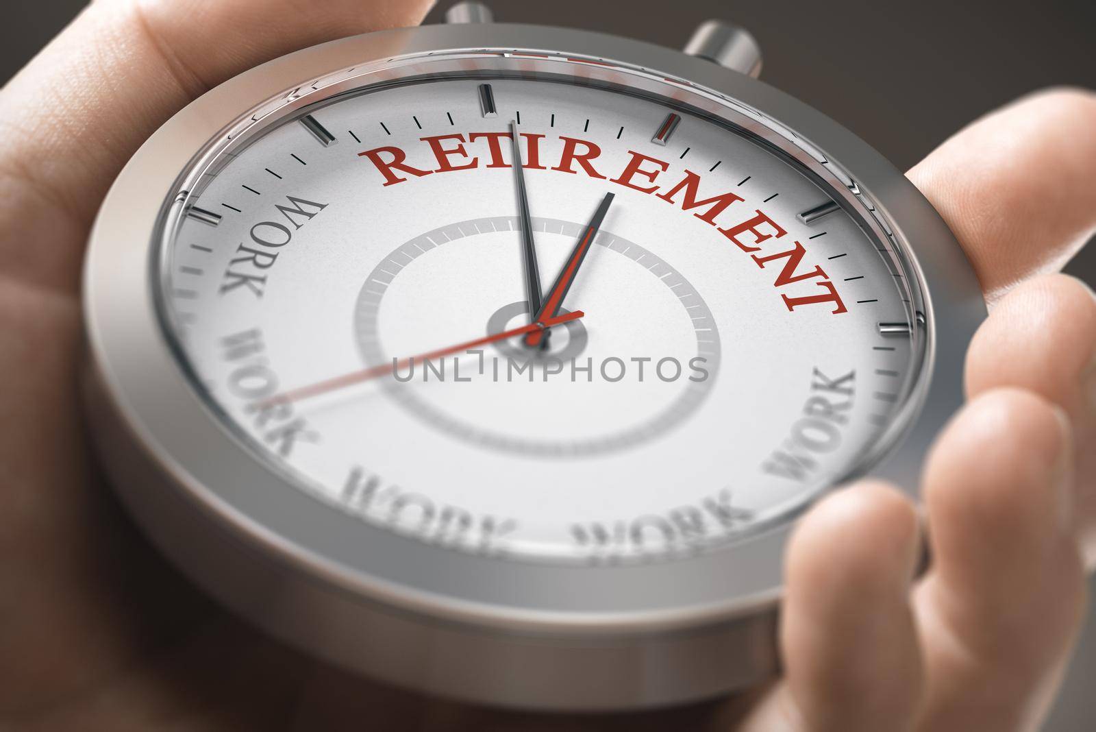 Hand holding a conceptual watch with the words retirement and work. Time to retire concept. Composite image between a hand photography and a 3D background.