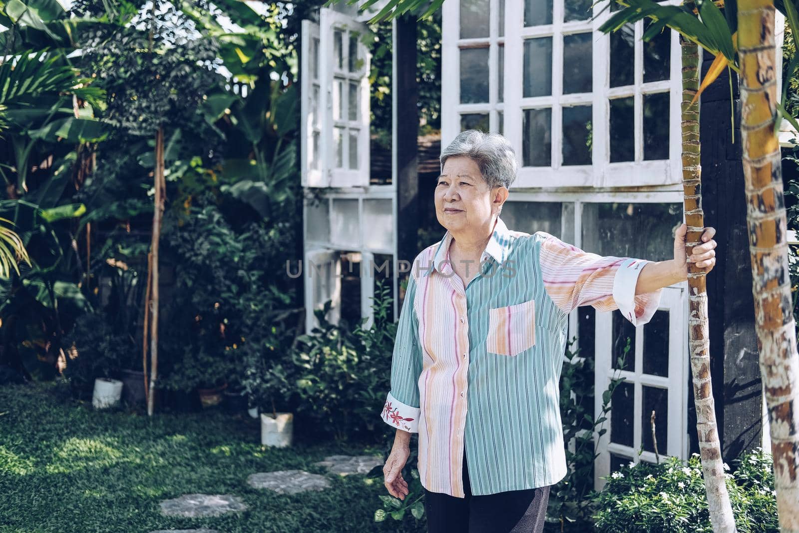 elder woman resting in garden. elderly female relaxing outdoors. senior leisure lifestyle