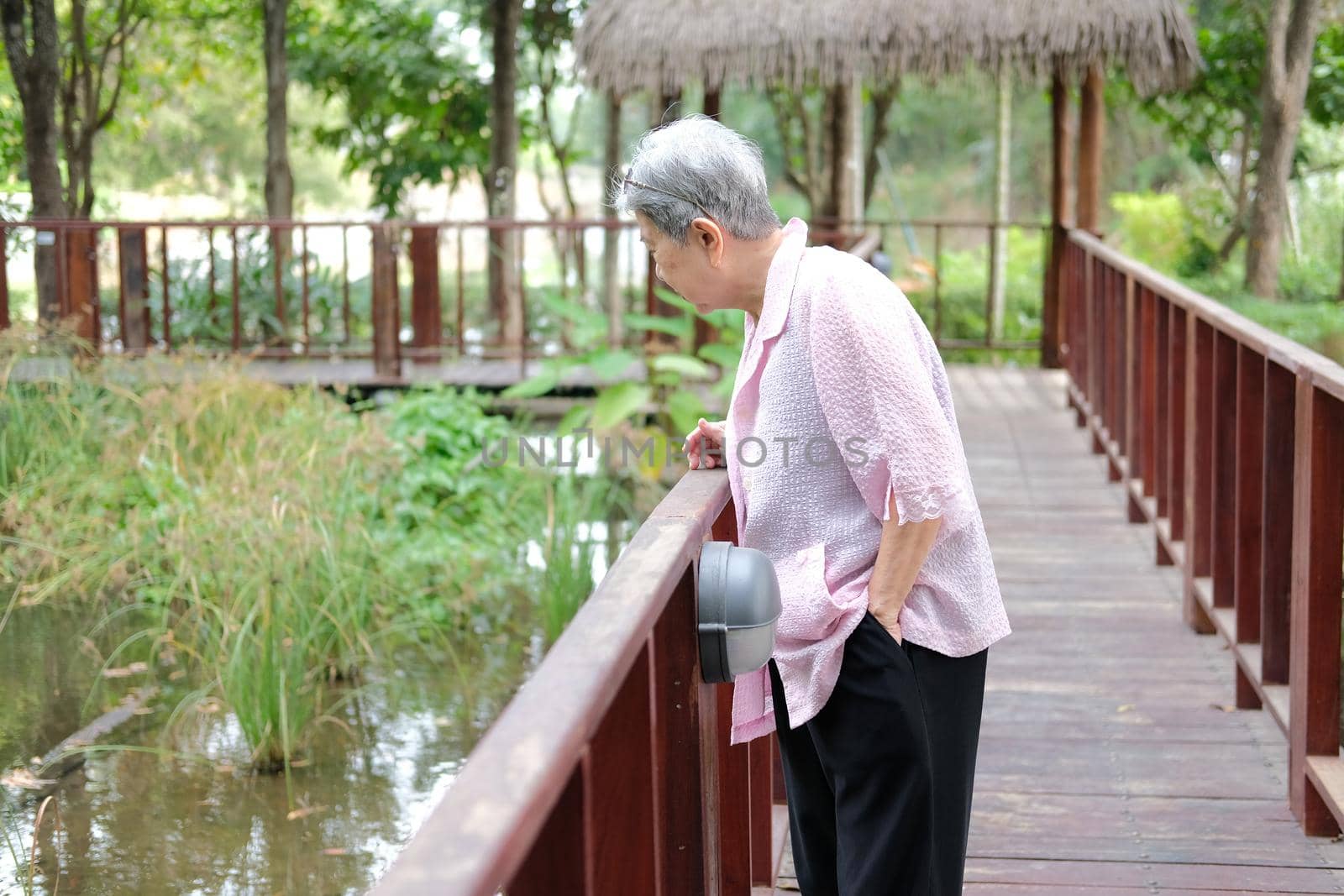 asian old elderly elder woman resting relaxing in garden. senior leisure lifestyle