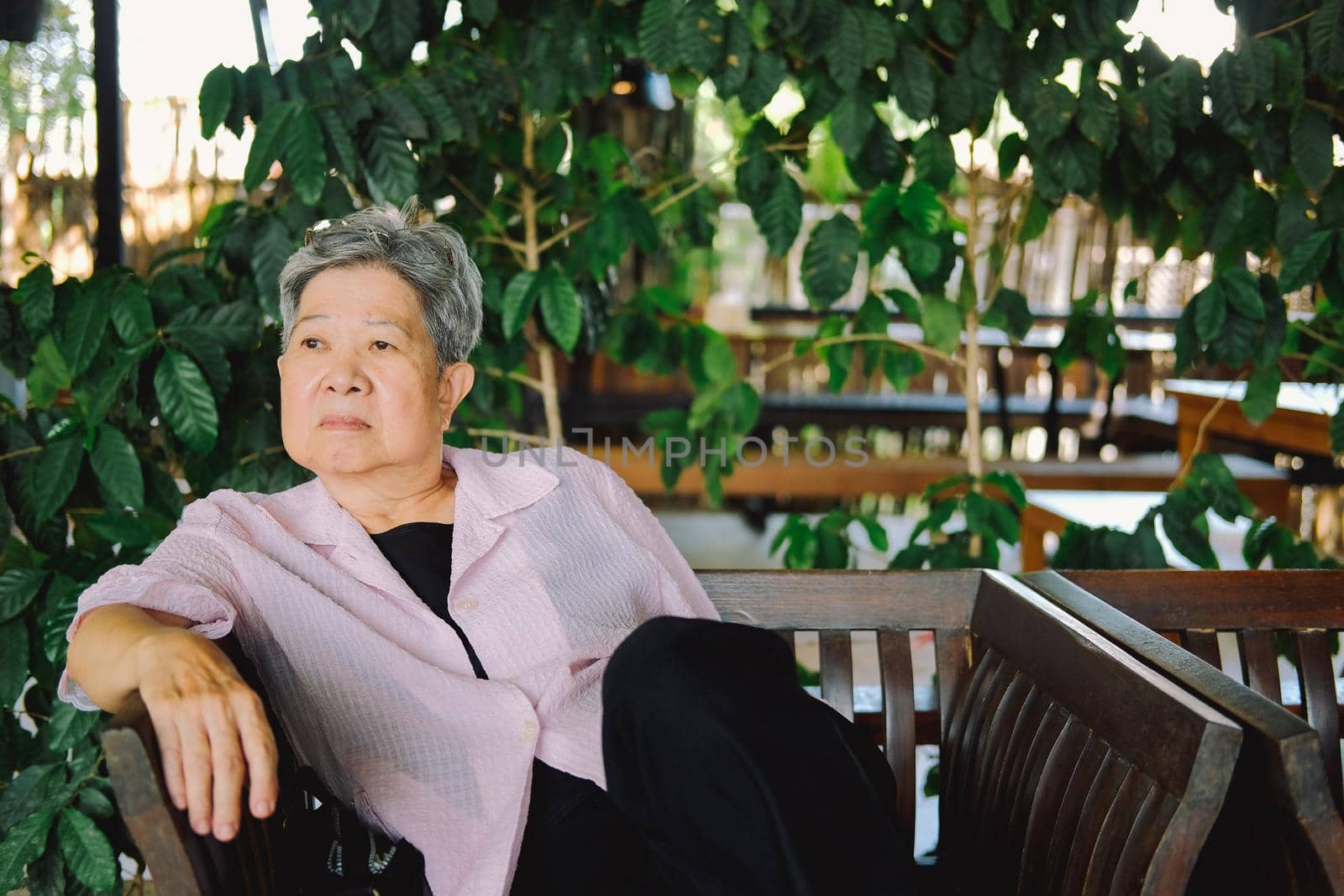 asian old elderly elder woman resting relaxing in garden. senior leisure lifestyle