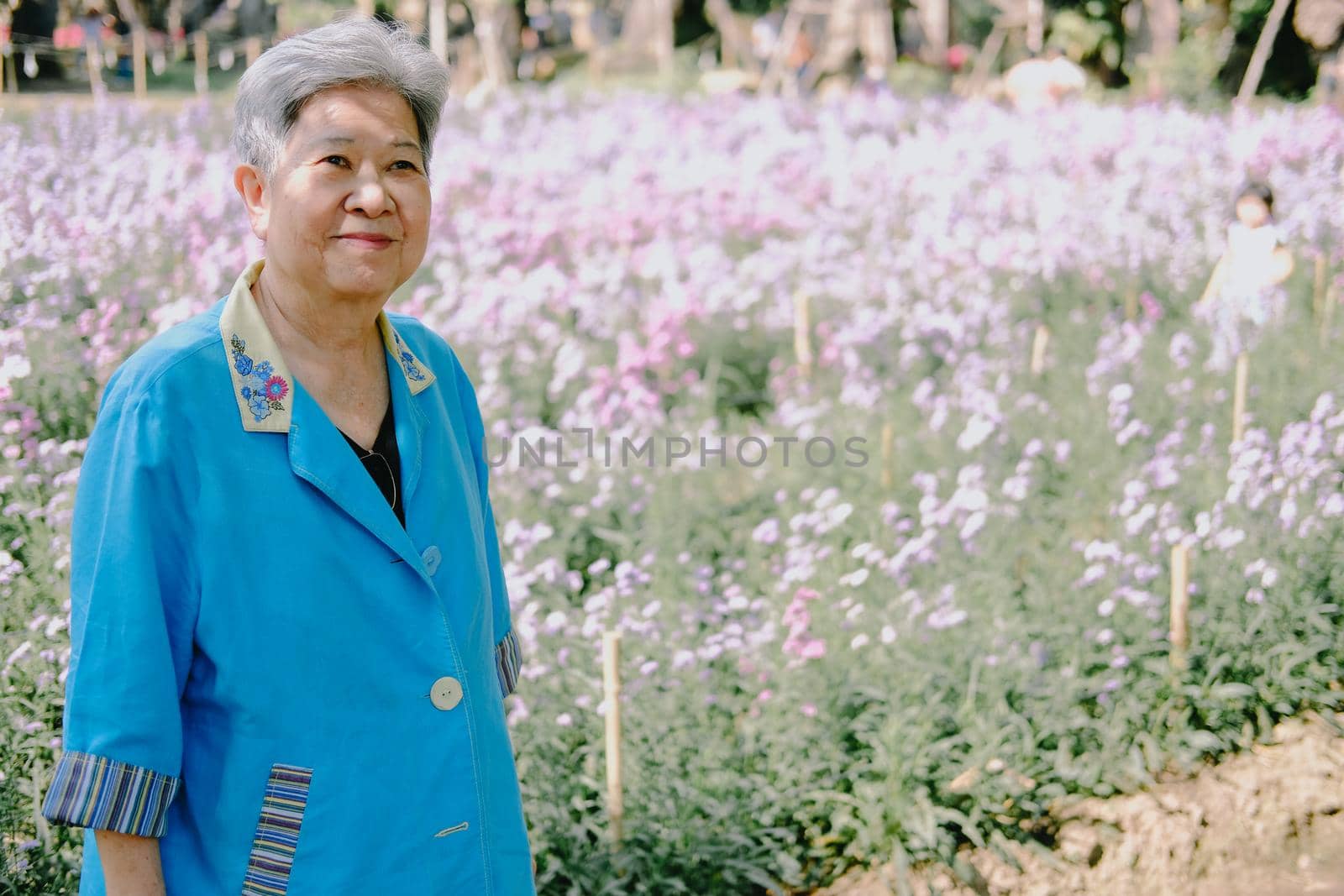asian old elderly elder woman resting relaxing in flower garden. senior leisure lifestyle