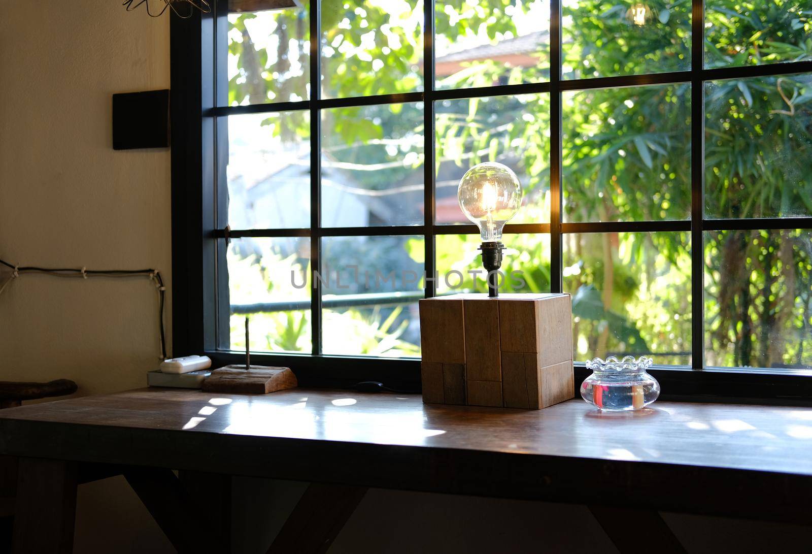 wooden box with light bulb decorating in living room
