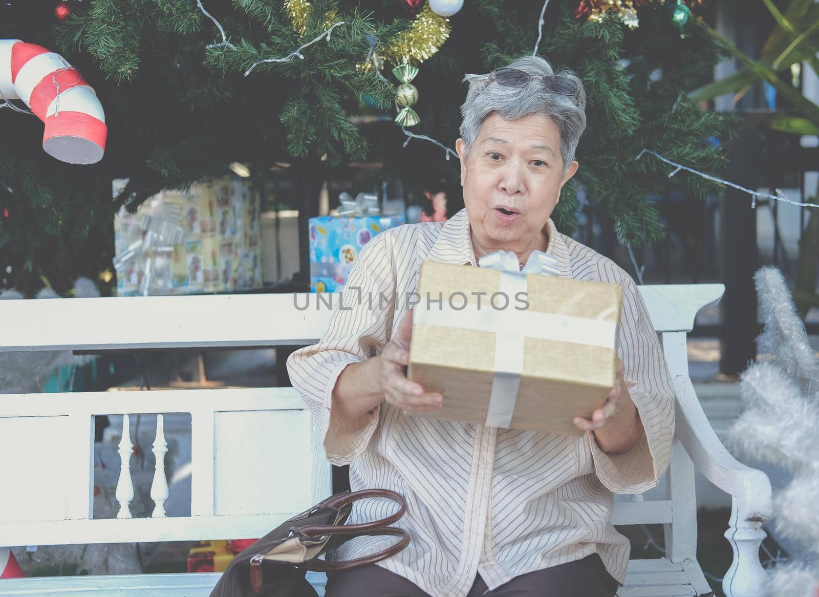 asian old elder woman elderly senior holding gift present box near christmas tree