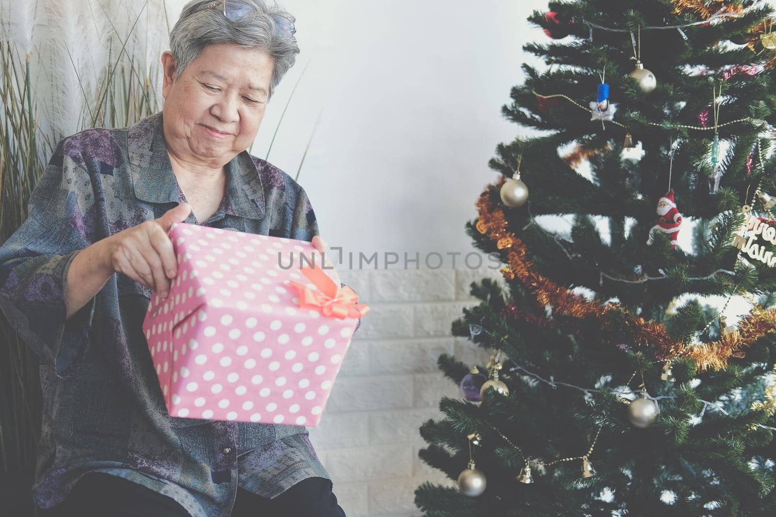 asian old elder woman elderly senior female holding gift present box near christmas tree