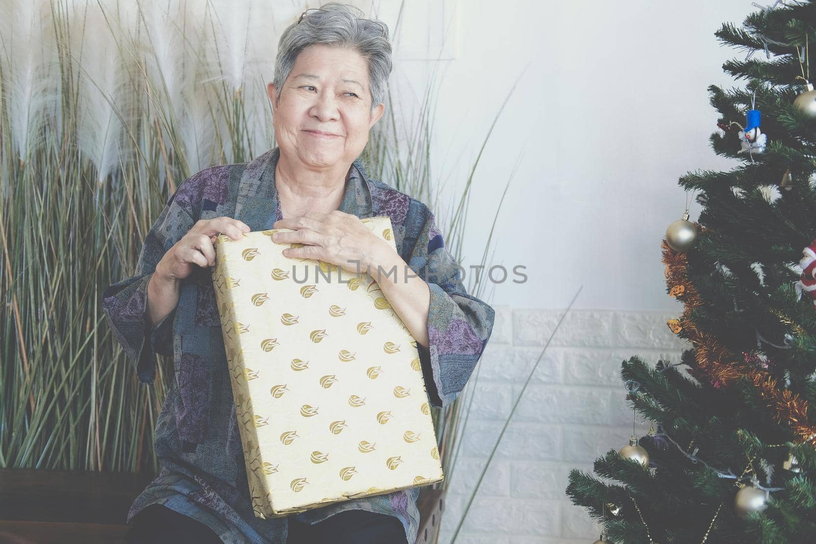 asian old elder woman elderly senior female holding gift present box near christmas tree