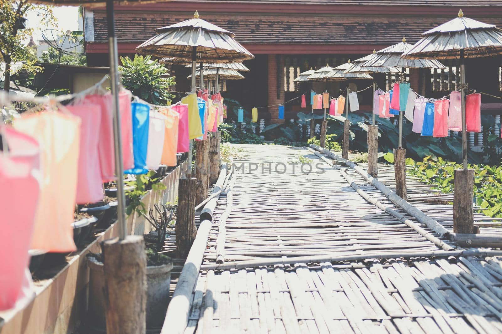 wooden bamboo bridge decorating with fabric lantern