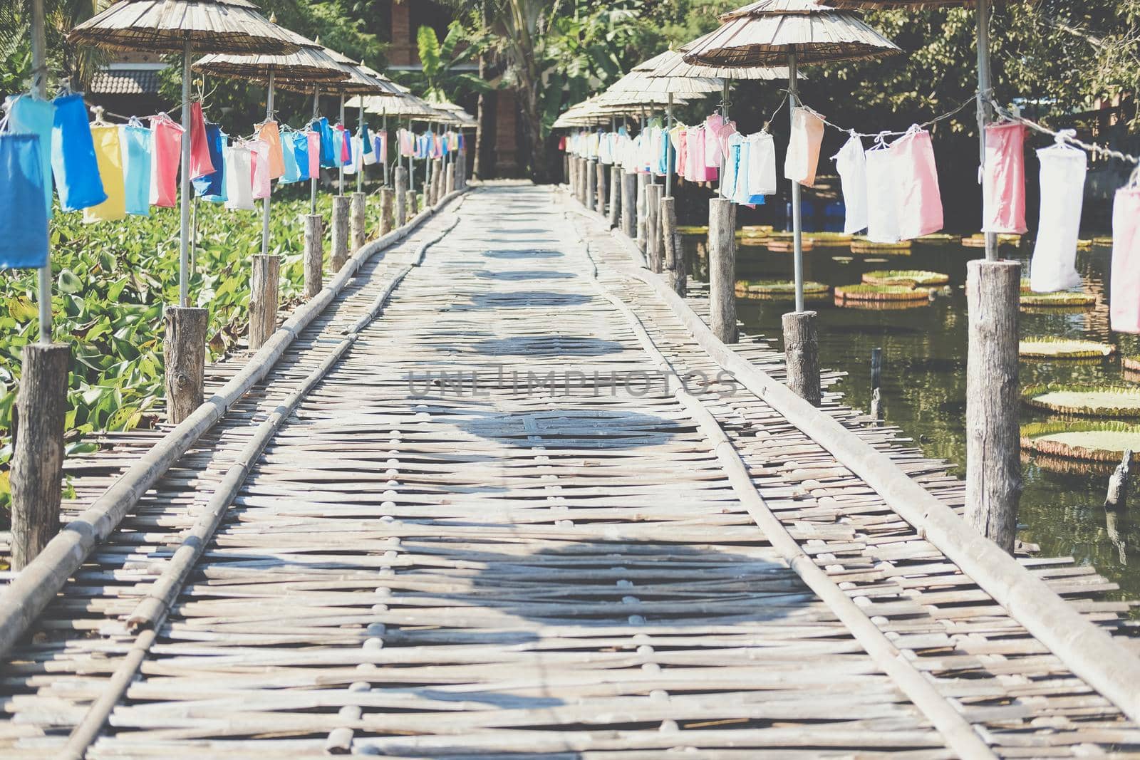 wooden bamboo bridge decorating with fabric lantern