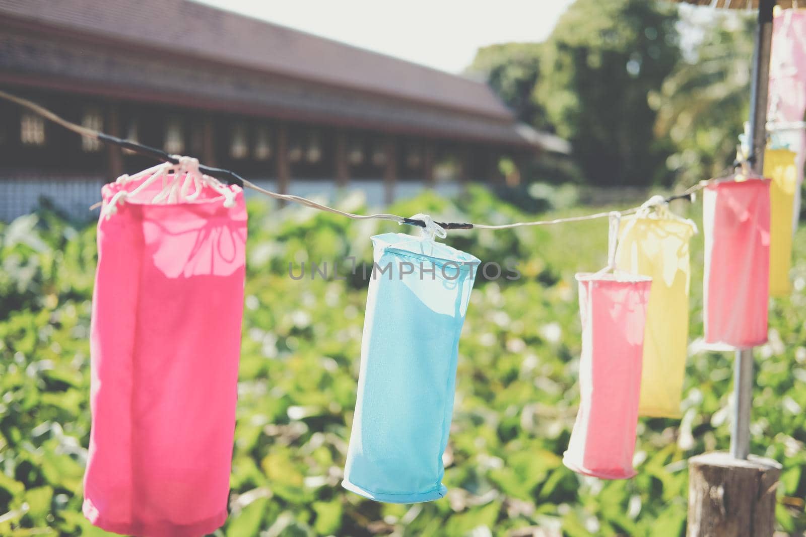 colorful fabric lamp lantern decorating in garden